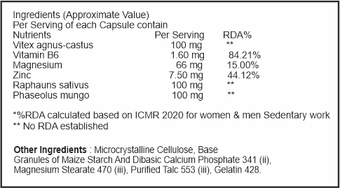 Nutritional label for a supplement capsule with ingredients and their approximate values.