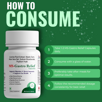 MS-Gastro Relief capsules with consumption instructions on a green background