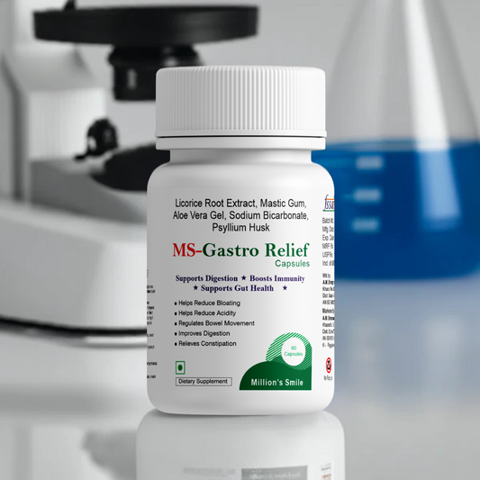 Bottle of MS-Gastro Relief capsules with a blurred laboratory background
