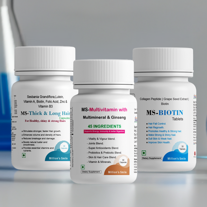Three supplement bottles labeled 'MS-Thick & Long Hair', 'MS-Multivitamin with Minimera & Ginseng', and 'MS-Biotin' on a reflective surface.