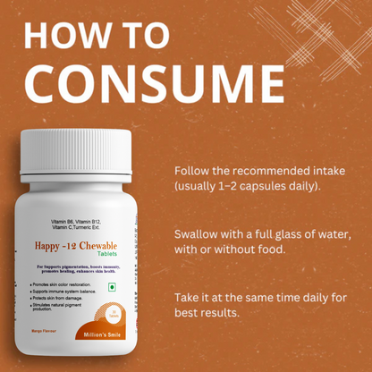 Happy 12 Chewable Tablets bottle with consumption instructions on an orange background