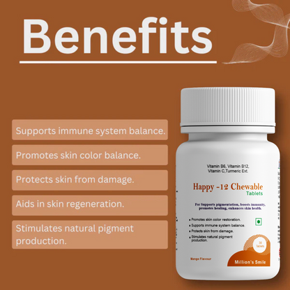 Happy-12 Chewable Tablets bottle with benefits listed on a brown background