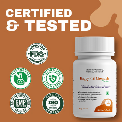 Bottle of Happy-12 Chewable Tablets with certification logos on a brown background