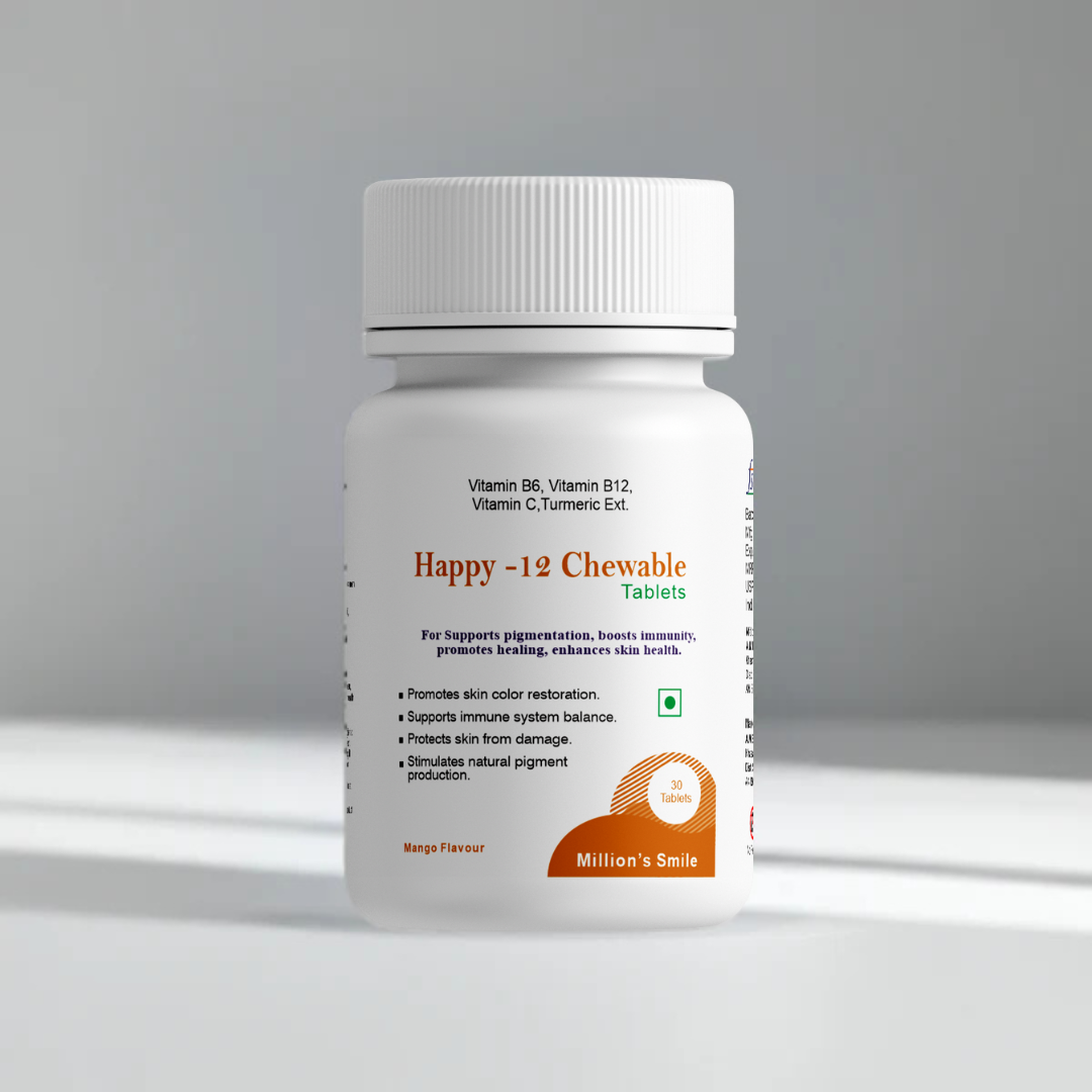 White bottle of Happy-12 Chewable Tablets on a gray background