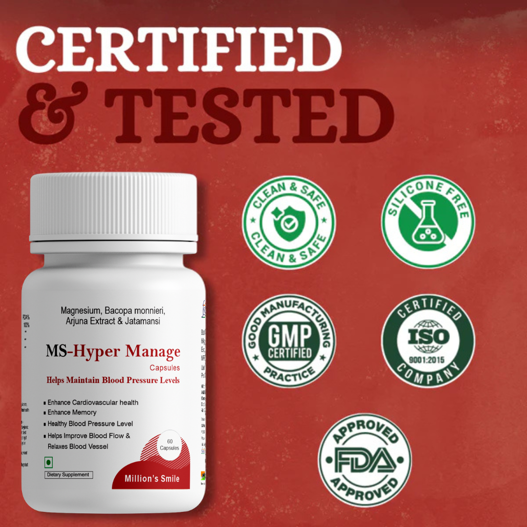 Supplement bottle labeled 'MS-Hyper Manage' with certification logos on a red background