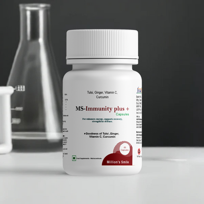 Bottle of MS-Immunity Plus+ capsules with a dark background