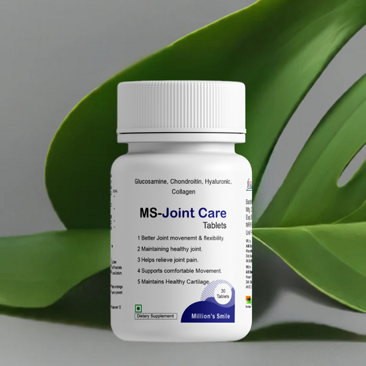 Bottle of MS-Joint Care Tablets with green leaves in the background