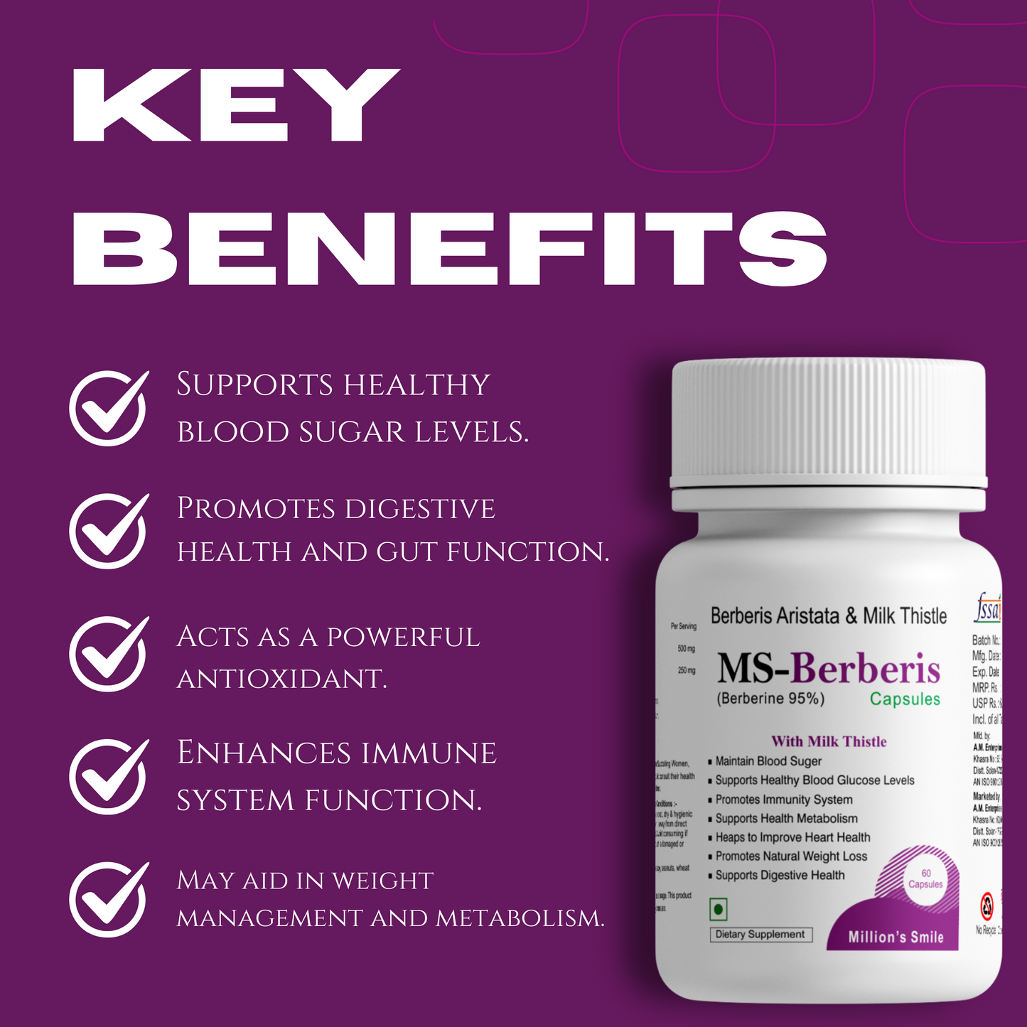 MS-Berberis supplement bottle with key benefits listed on a purple background