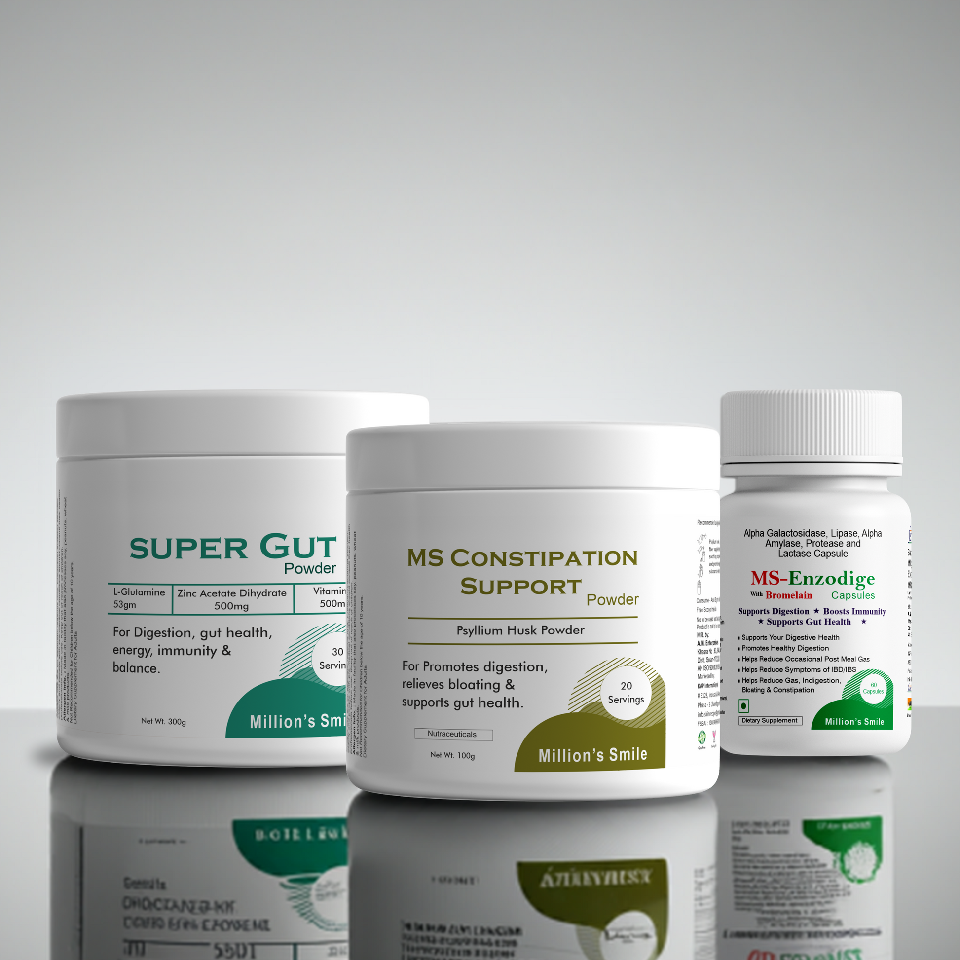 Three health product containers labeled 'Super Gut', 'MS Constipation Support', and 'MS Enzodige' on a reflective surface with a gray background.