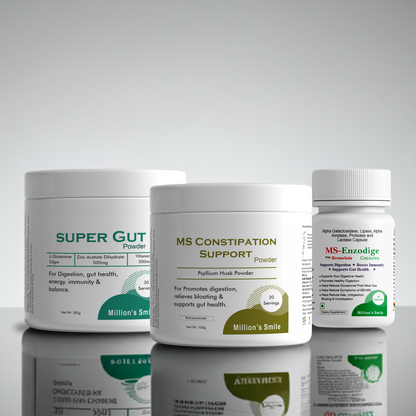 Three health product containers labeled 'Super Gut', 'MS Constipation Support', and 'MS Enzodige' on a reflective surface with a gray background.