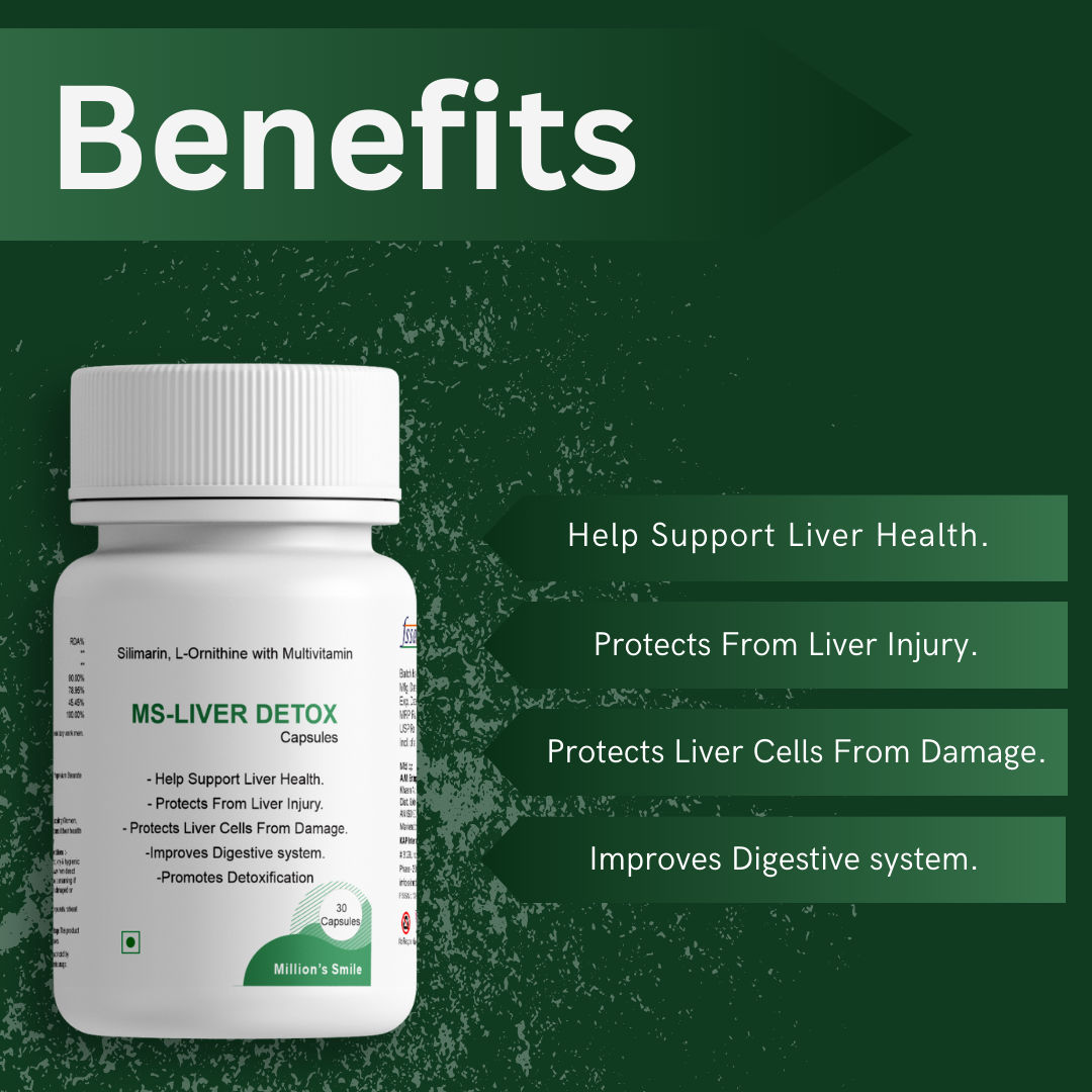 MS-Liver Detox supplement bottle with benefits listed on a green background