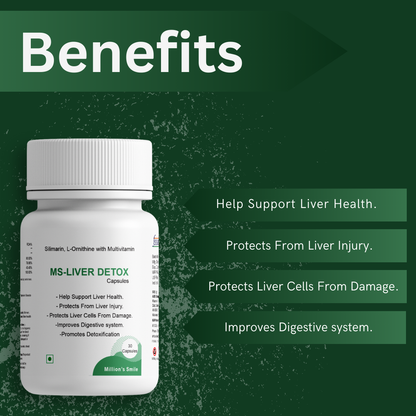 MS-Liver Detox supplement bottle with benefits listed on a green background