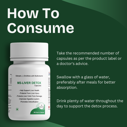 MS-LIVER DETOX capsule bottle with consumption instructions on a green background