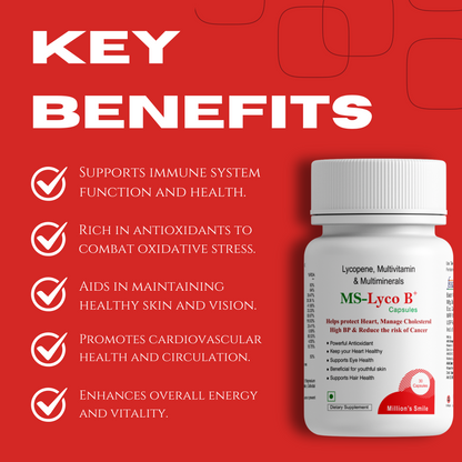 MS-Lyco B supplement bottle with key benefits listed on a red background