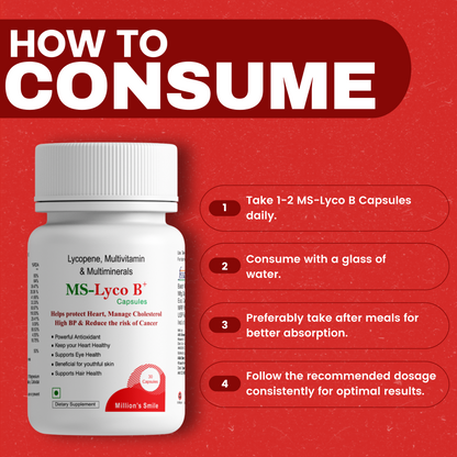 MS-Lyco B capsules packaging with consumption instructions on a red background