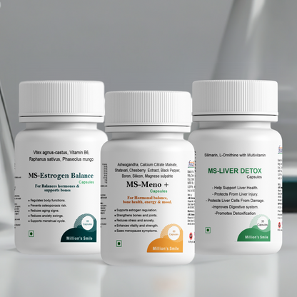 Three bottles of dietary supplements labeled 'MS-Estrogen Balance', 'MS-Meno+', and 'MS-LIVER DETOX' on a gray background.