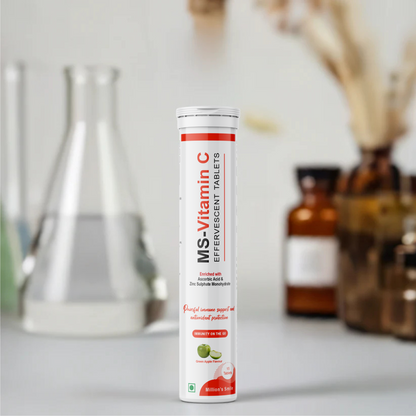 Tube of MS Vitamin C Effervescent Tablets on a neutral background