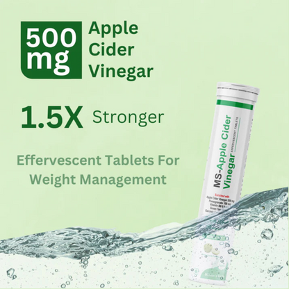 Apple cider vinegar supplement packaging with water droplets on a green background