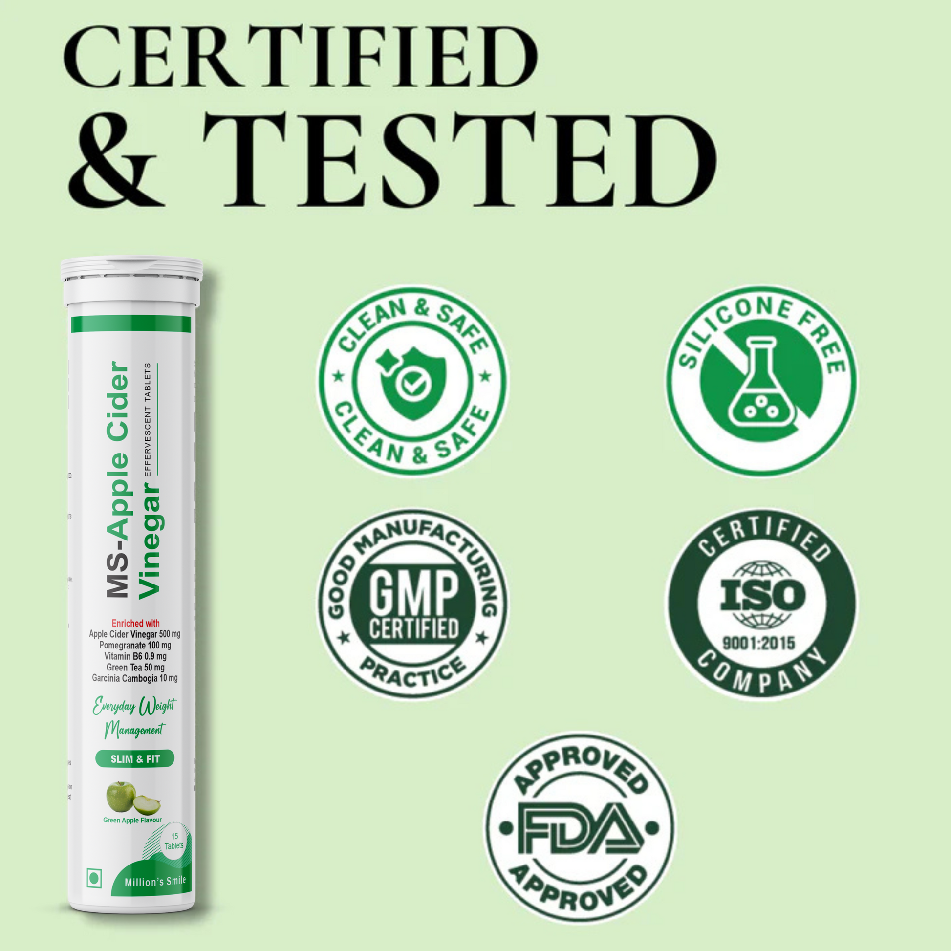 MS-Apple Cider Vinegar supplement tube with certification logos on a green background