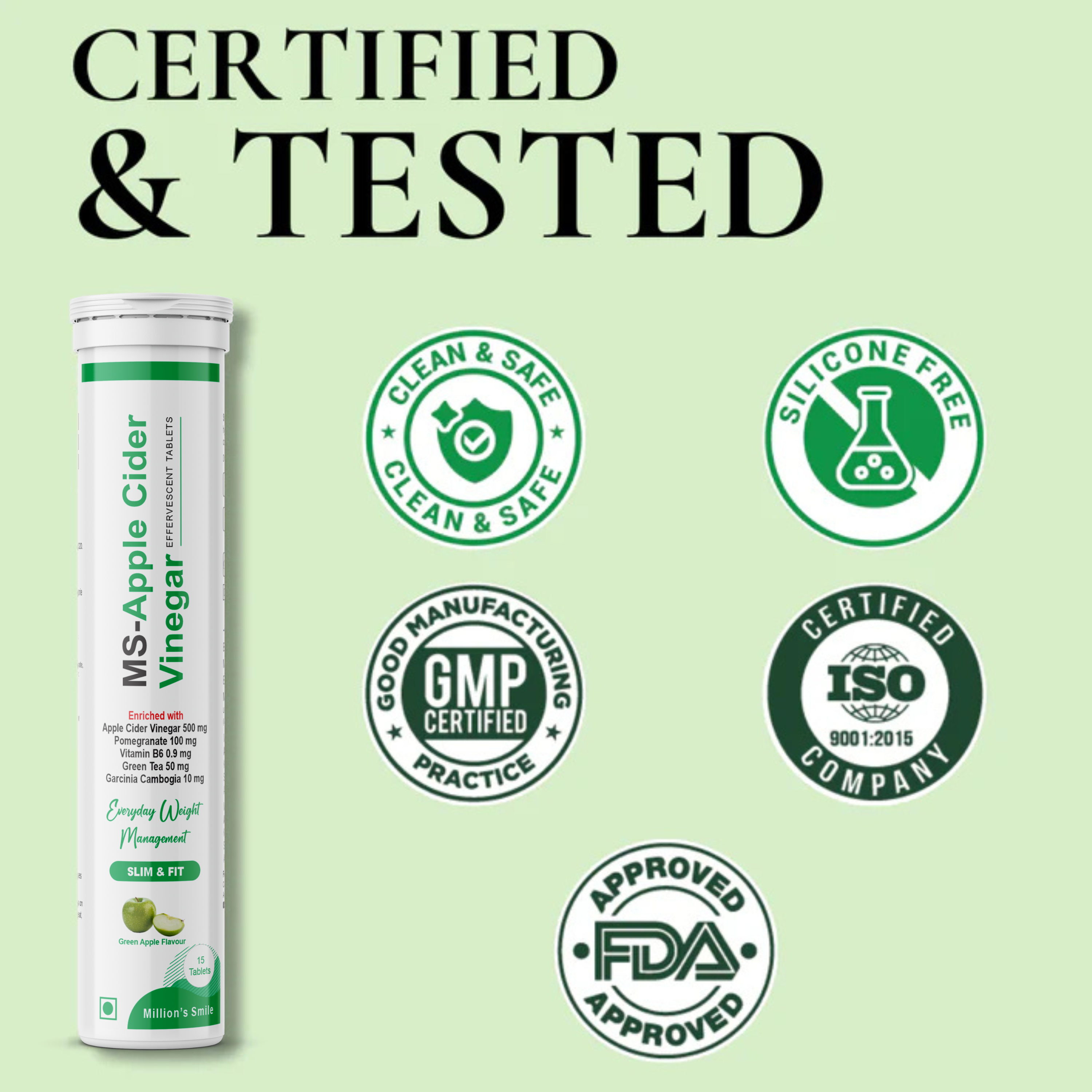 MS-Apple Cider Vinegar supplement tube with certification logos on a green background