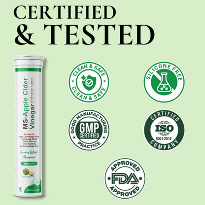 MS-Apple Cider Vinegar supplement tube with certification logos on a green background