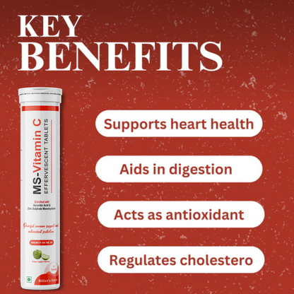MS Vitamin C effervescent tablets with key benefits listed on a red background