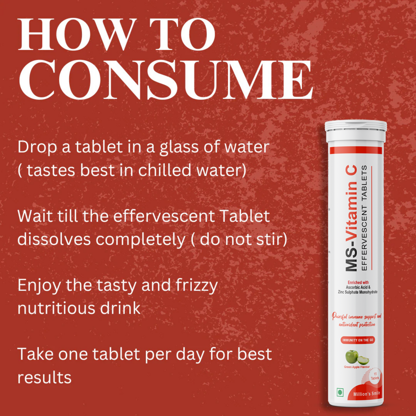 MS Vitamin C effervescent tablets packaging with consumption instructions on a red background
