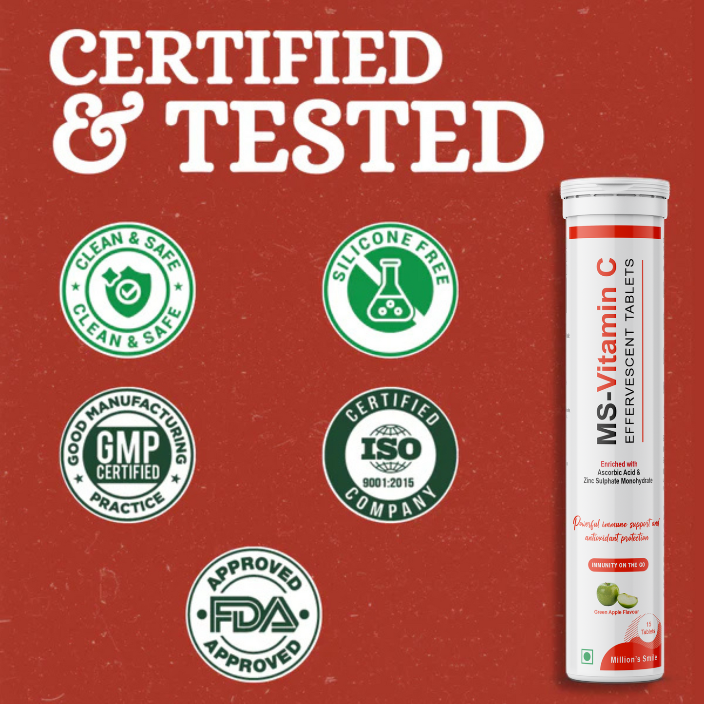 MS Vitamin C effervescent tablets with certification logos on a red background