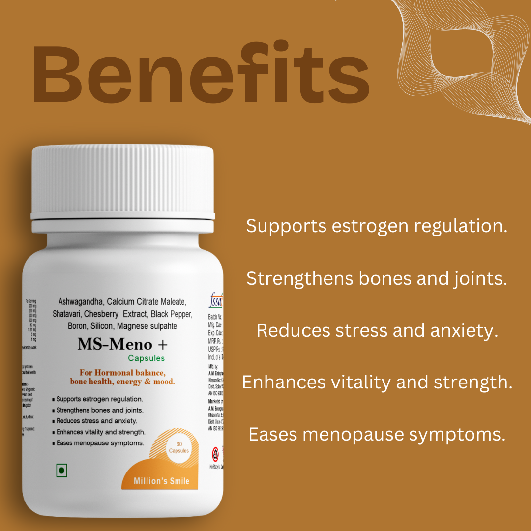 Supplement bottle with benefits listed on a brown background