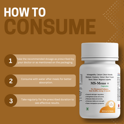 Supplement bottle with consumption instructions on a brown background
