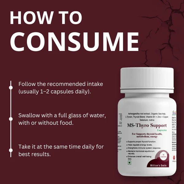 Supplement bottle labeled 'MS-Thyro Support' with consumption instructions on a dark red background