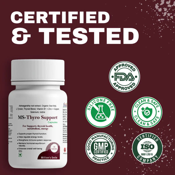 Bottle of MS-Thyro Support with certification logos on a maroon background