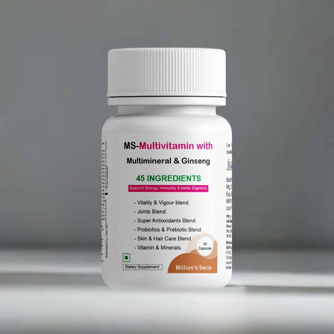 Multivitamin supplement bottle with label on a gray background
