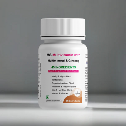 Multivitamin supplement bottle with label on a gray background