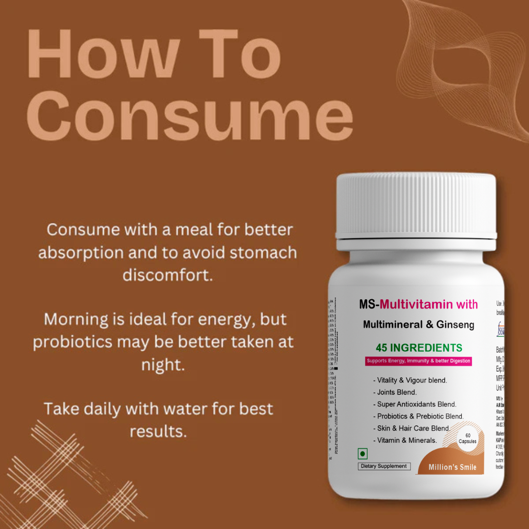 Multivitamin bottle with consumption instructions on a brown background