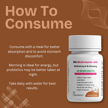 Multivitamin bottle with consumption instructions on a brown background