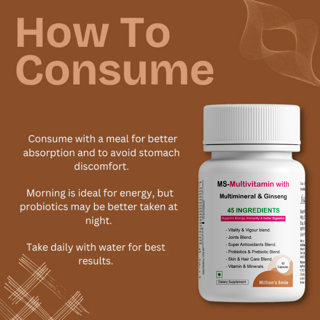 Multivitamin bottle with consumption instructions on a brown background