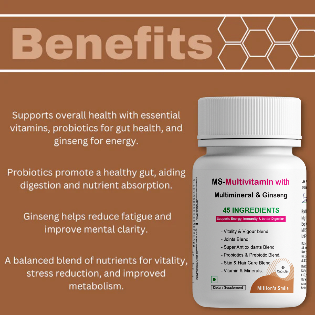 Multivitamin bottle with benefits text on a brown background