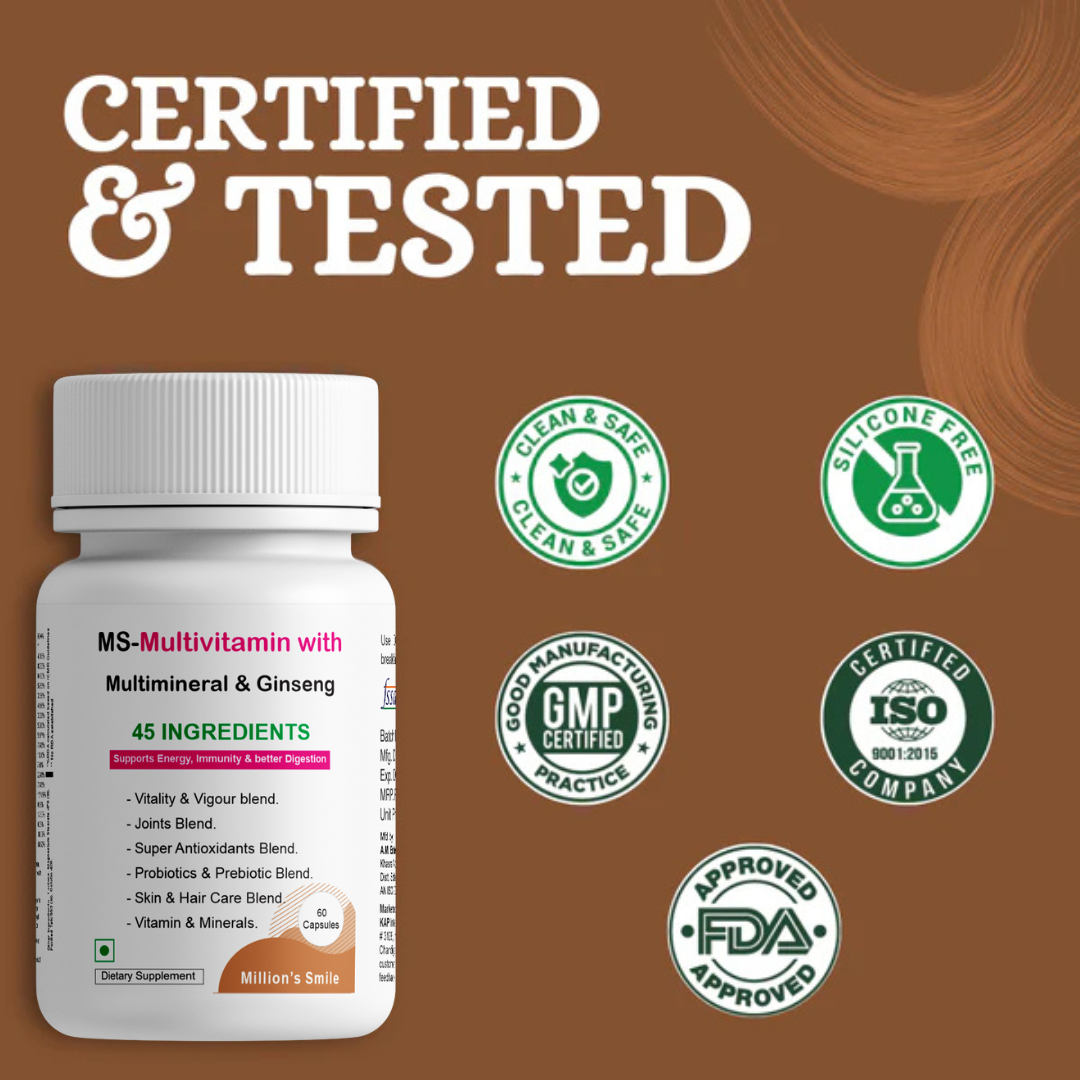 Multivitamin bottle with certification logos on a brown background