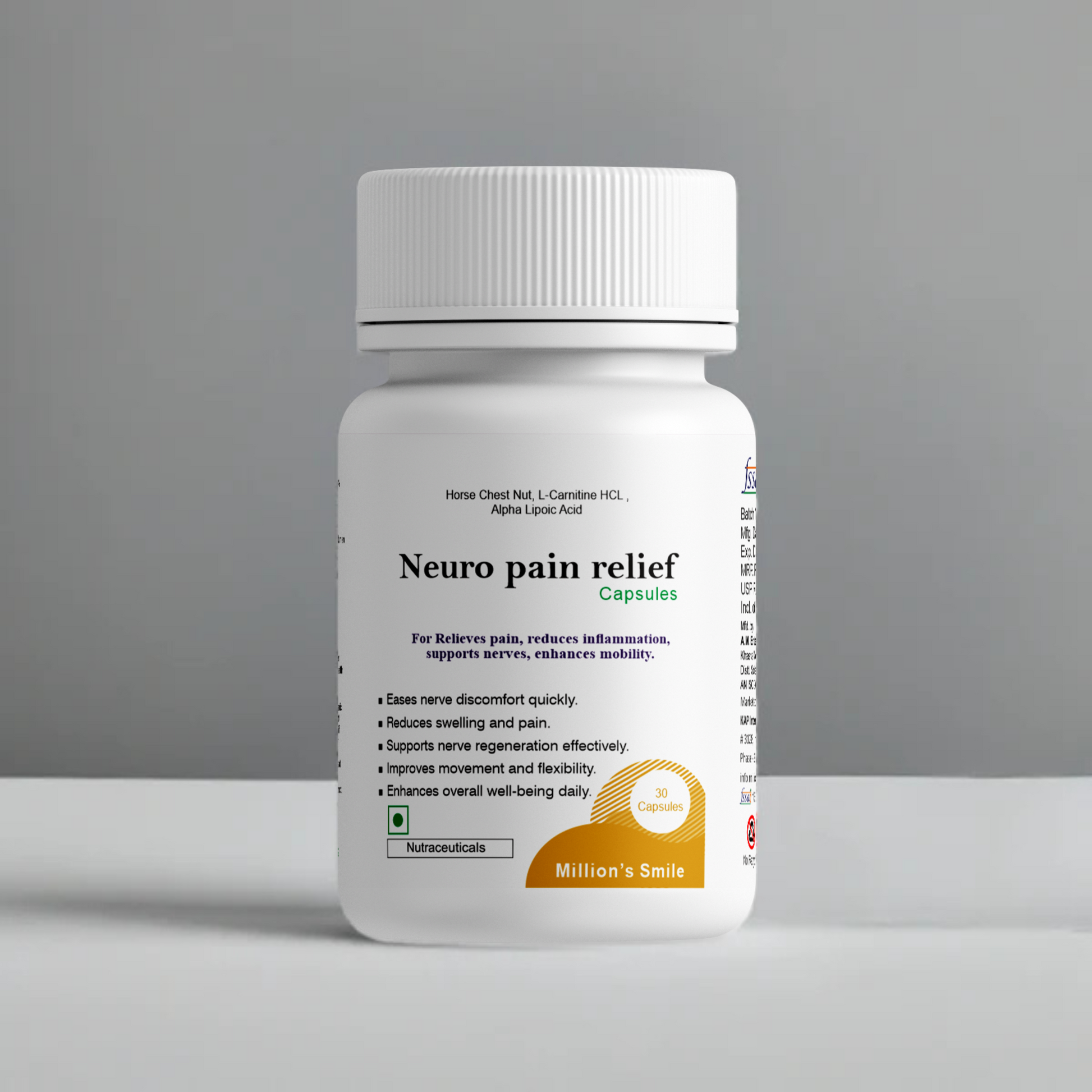 Bottle of Neuro pain relief capsules on a gray background
