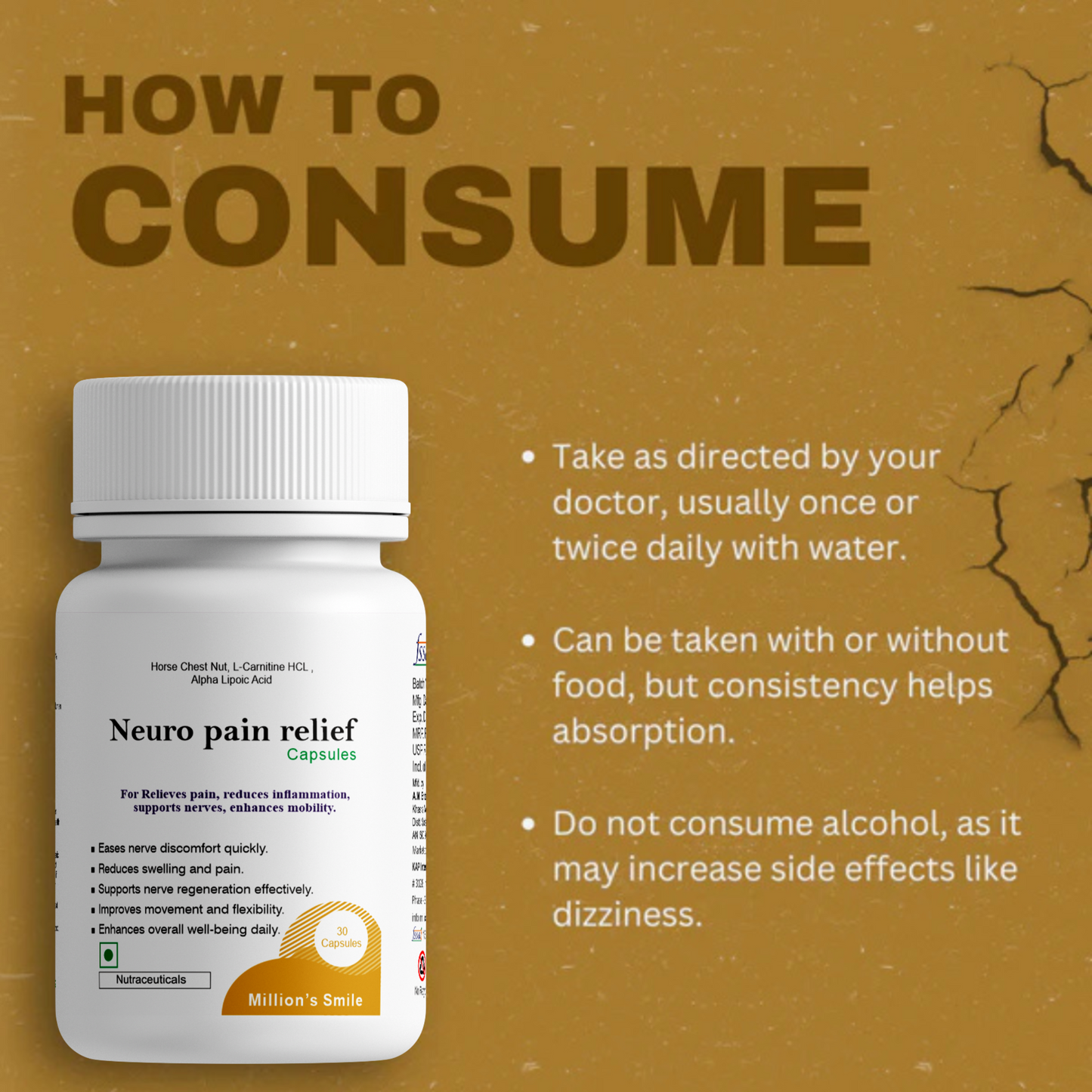 Neuro pain relief supplement bottle with consumption instructions on a brown background