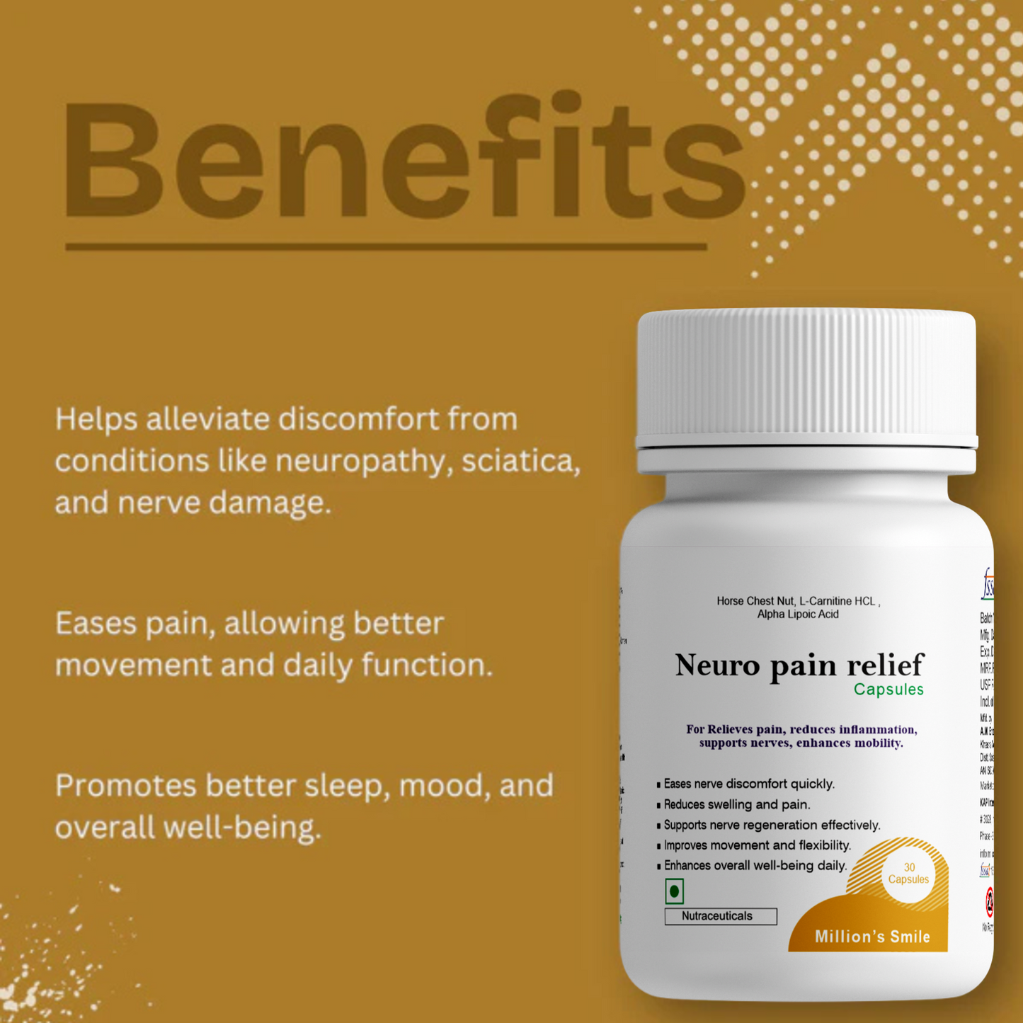 Neuro pain relief capsules bottle with benefits text on a brown background