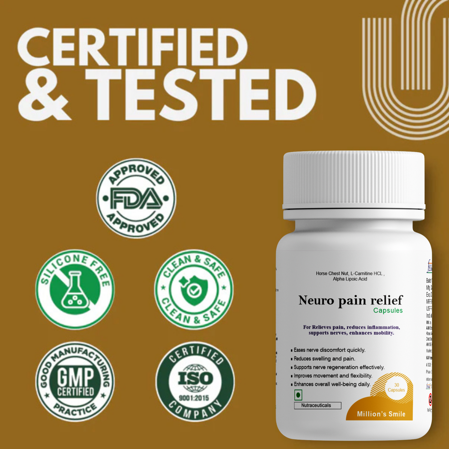 Neuro pain relief capsule bottle with certification logos on a brown background