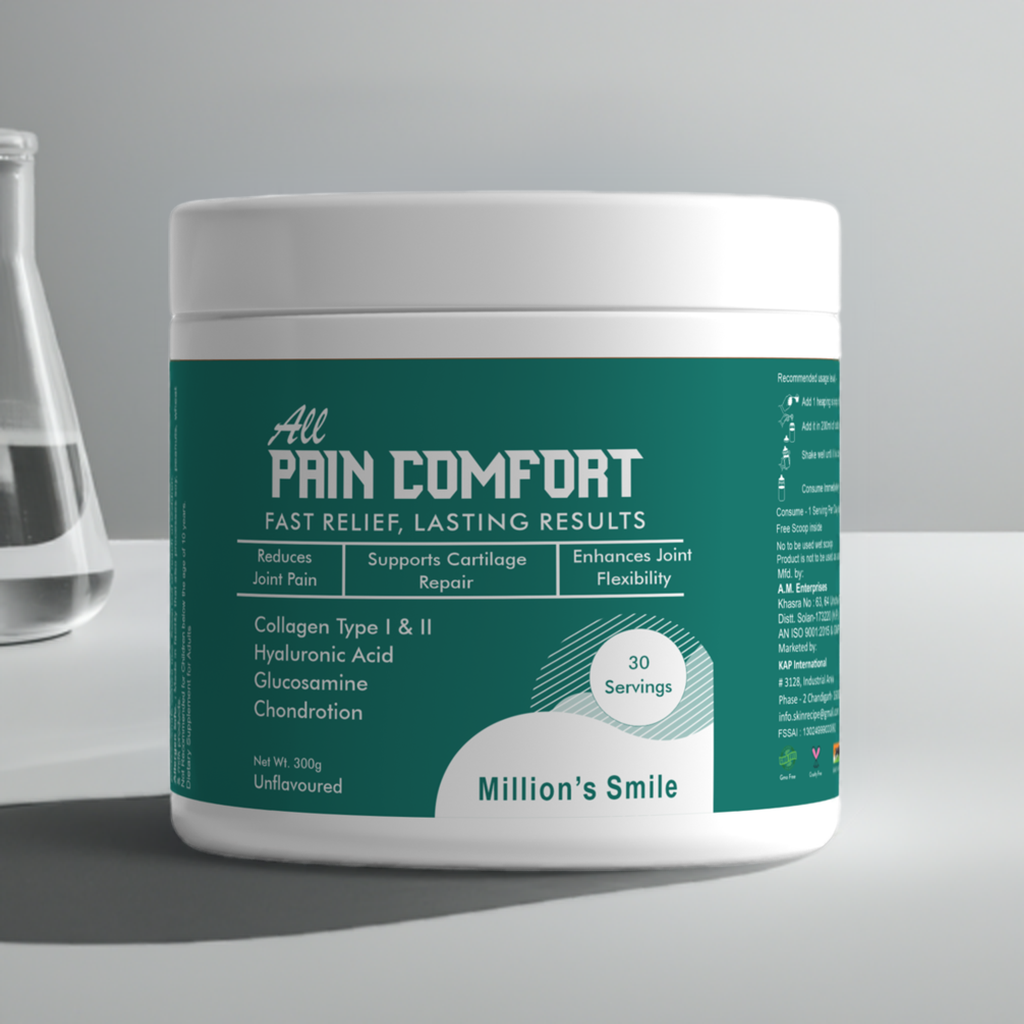A container of MS - Pain Comfort Powder with the label 'All Pain Comfort Fast Relief, Lasting Results' displayed on a table alongside a glass of water.