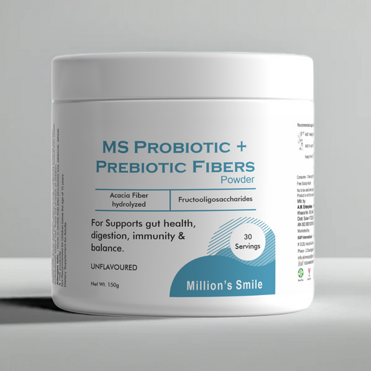 Container of MS Probiotic + Prebiotic Fibers Powder by Million's Smile on a gray background