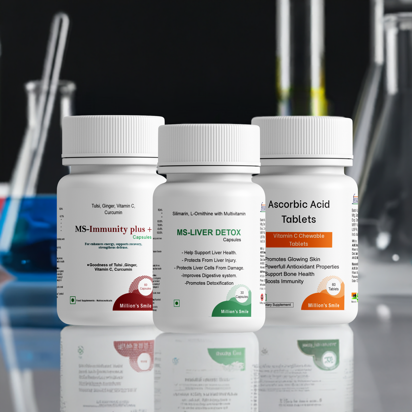 Three bottles of Millers Smith supplements on a reflective surface with laboratory equipment in the background.