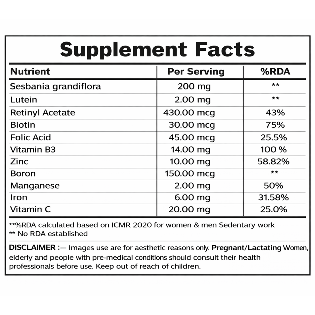 Thick and long hair capsules Supplement facts label with various nutrients and their amounts per serving.