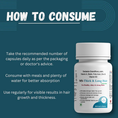 Supplement bottle with text on how to consume it against a blue background