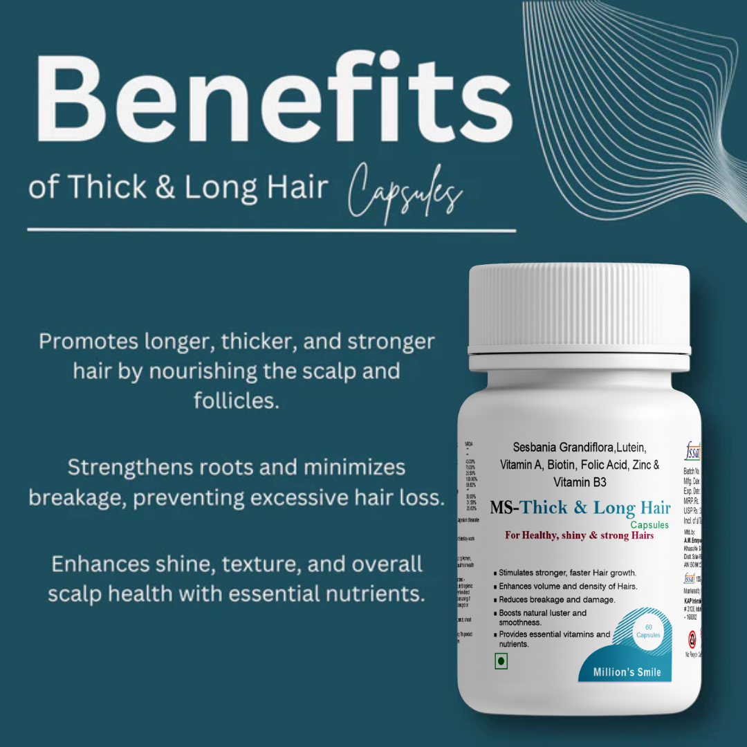 MS Thick & Long Hair capsules bottle with text on a blue background