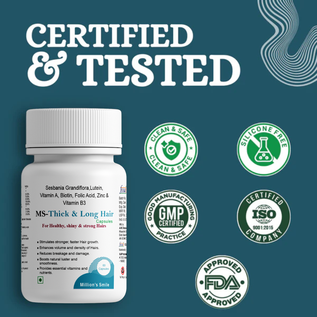 Supplement bottle with certification logos on a blue background